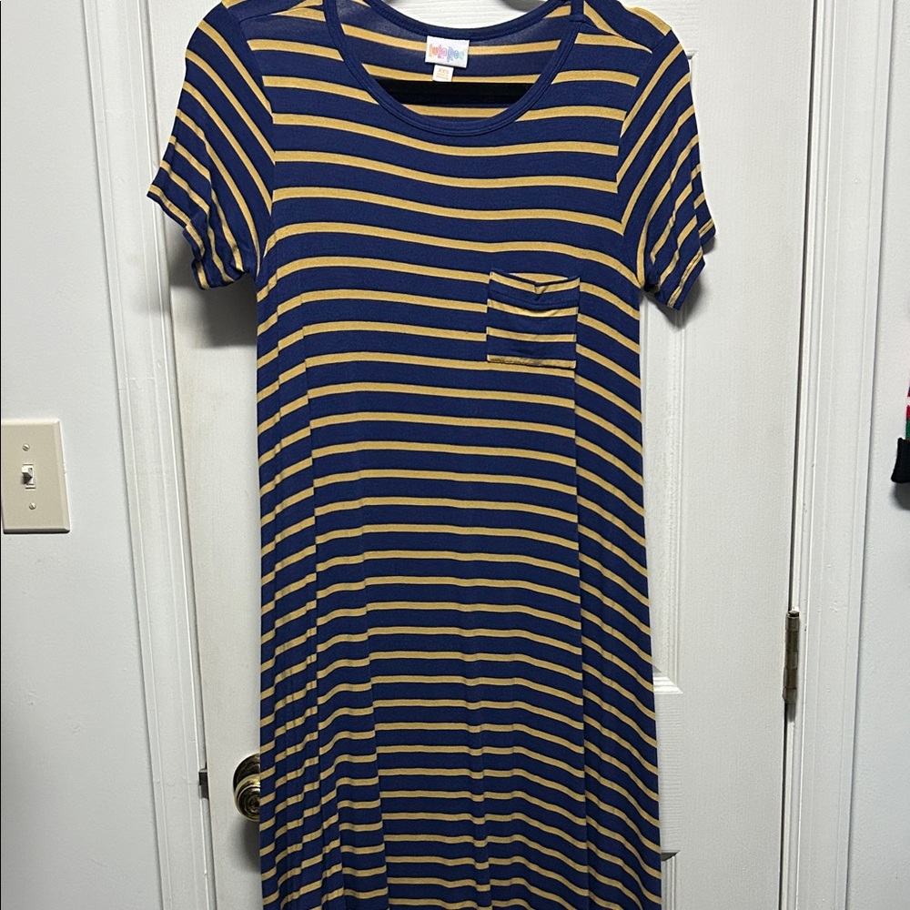 LuLaRoe Navy and Yellow Striped Carly Dress